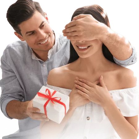 A man gives a gift to a woman